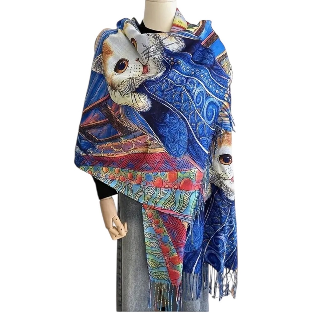 Cat Floral Digital Print Rectangular Double-Sided Scarf with Fringe